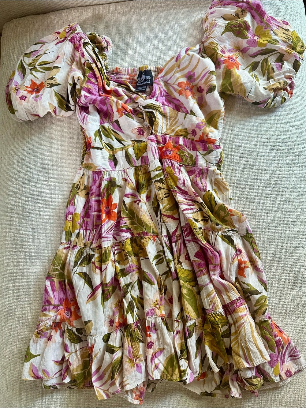 Angie Women’s Floral Boho Puff-Sleeve Cutout Tiered Mini Dress in Pink & Olive